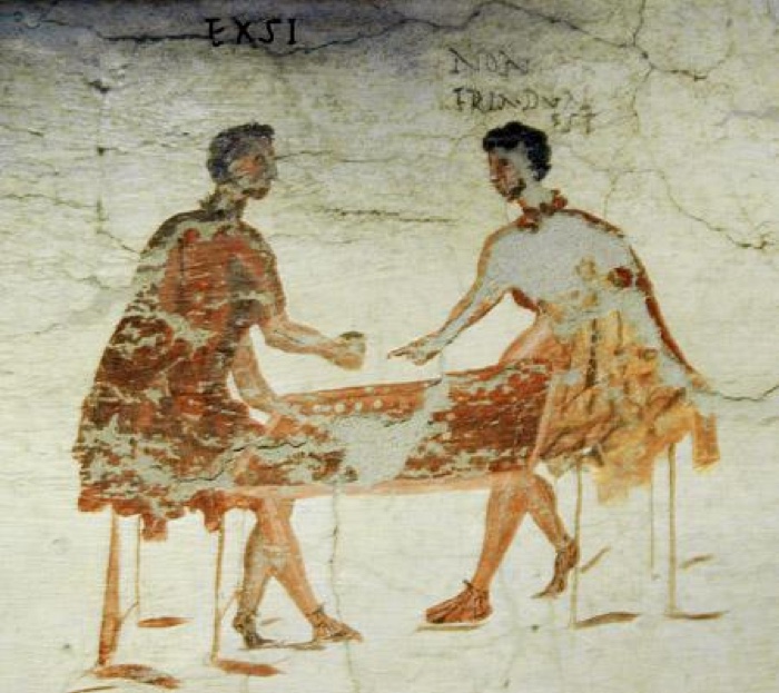 Wall painting from a Pompeii tavern showing two men gambling at a tabula lusoria, one exclaiming EXSI, 'I’m out'