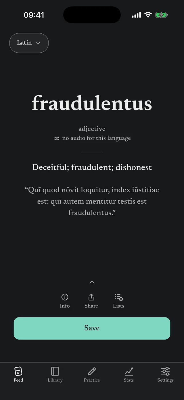 Latin feed card: fraudulentus, adjective, with a definition and an example sentence marked with macrons.