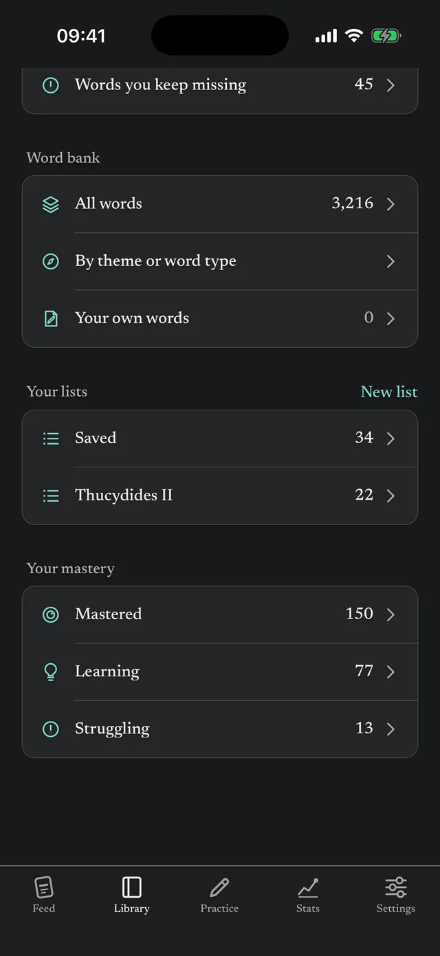 Library screen listing saved lists such as Thucydides II, and groups for mastered, learning and struggling words.