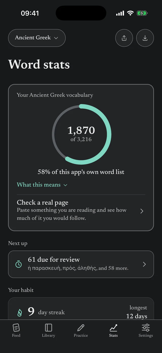 Stats screen with a ring showing a vocabulary estimate as a share of the app’s own word list for Ancient Greek.